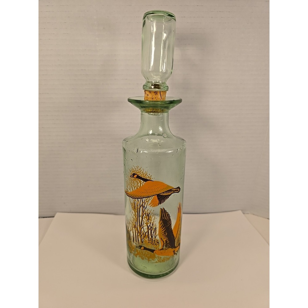 Vintage 1964 Green Glass Decanter with Golden Canada Geese on Front W/ Stopper